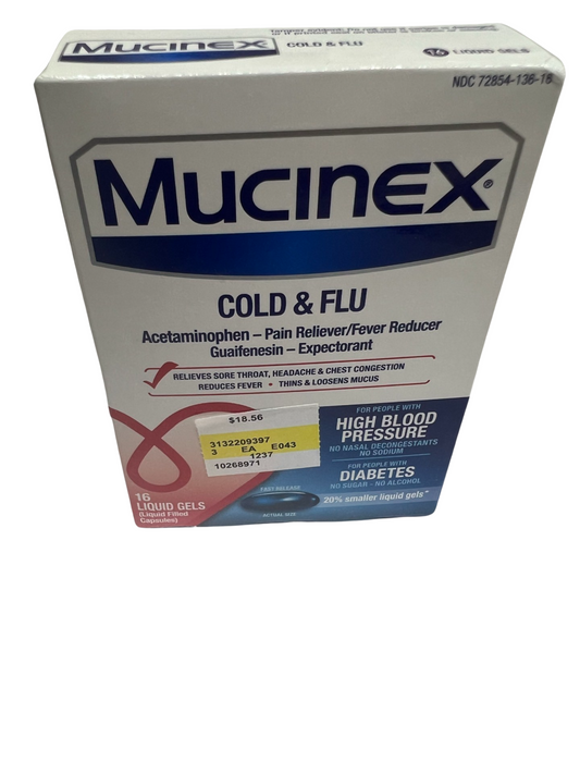 Mucinex Cold & Flu High Blood Pressure Liquid Gel, 16 count